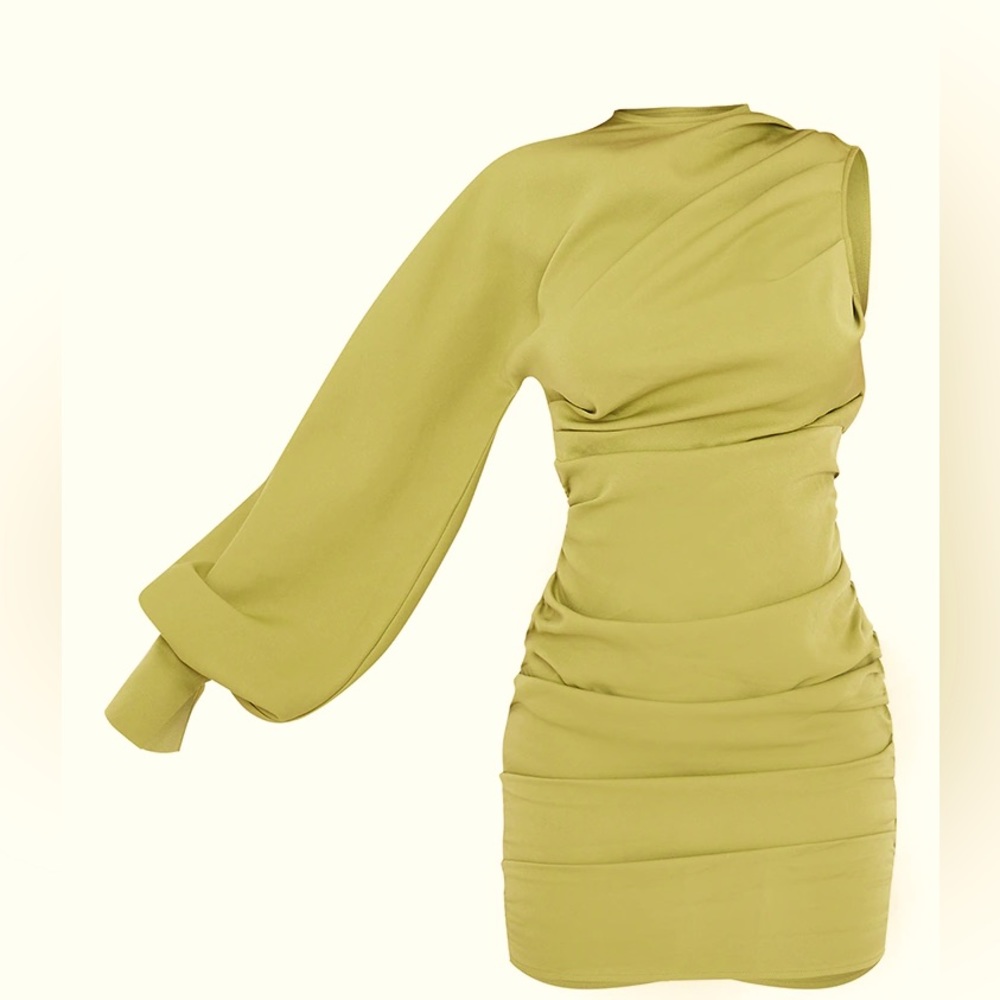 Mini one sleeve sage green dress with ruched detailing